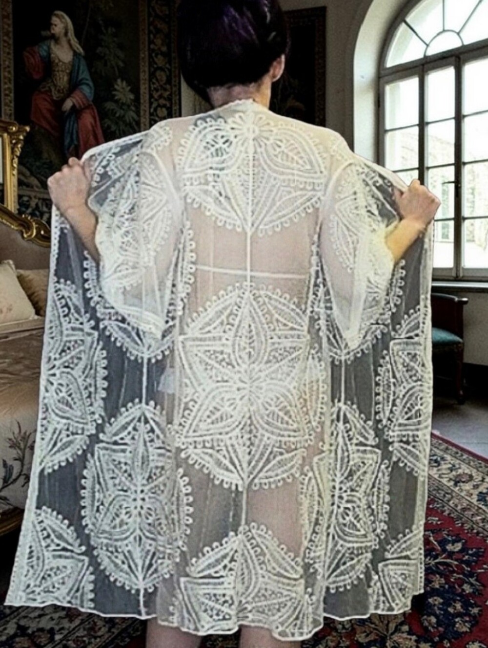 White Sheer Embroidered Lace Kimono Robe
